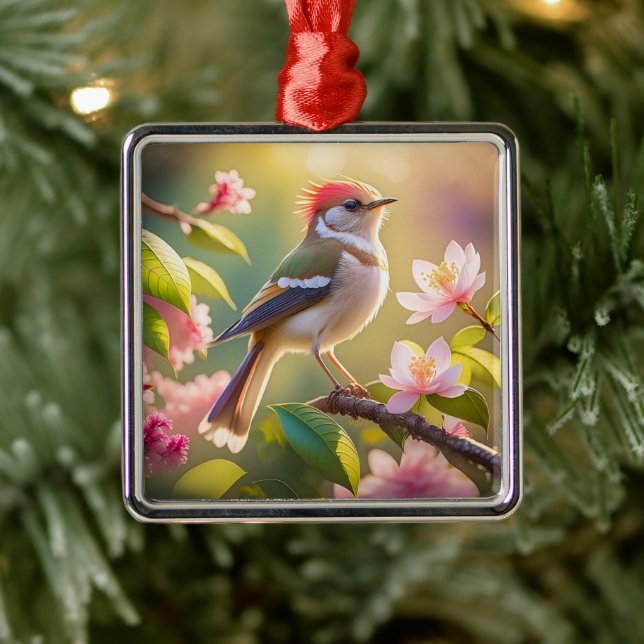 Red Headed Buff Chested Warbler Fantasy Bird Metal Ornament (Tree)