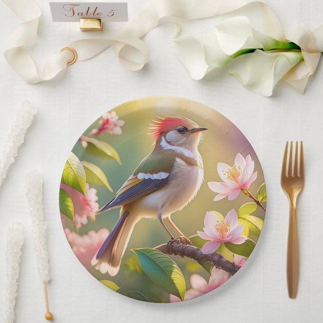 Red Headed Buff Chested Warbler Fantasy Bird Paper Plates (Wedding)