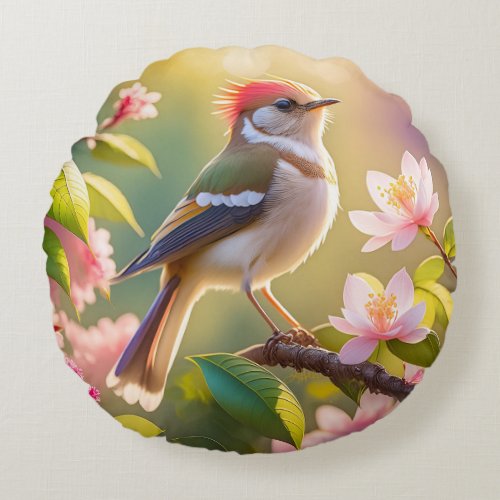Red Headed Buff Chested Warbler Fantasy Bird Round Pillow