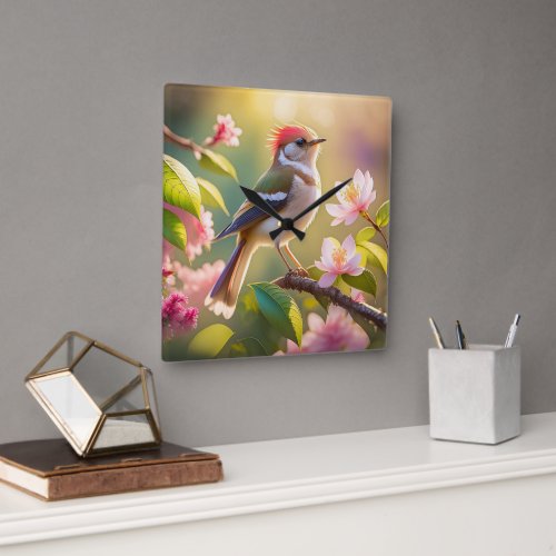 Red Headed Buff Chested Warbler Fantasy Bird Square Wall Clock