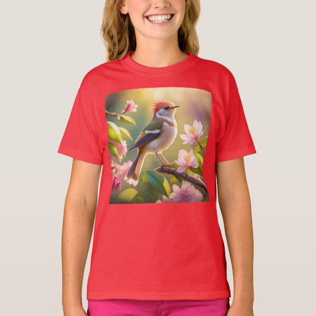 Red Headed Buff Chested Warbler Fantasy Bird T-Shirt (Front)