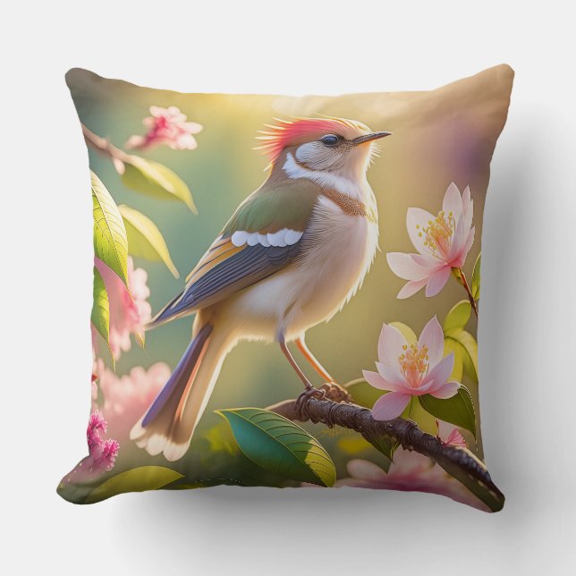 Red Headed Buff Chested Warbler Fantasy Bird Throw Pillow (Front)