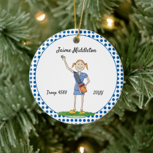 Red Headed Cadette Girl Scouting Blue Polka_Dots Ceramic Ornament