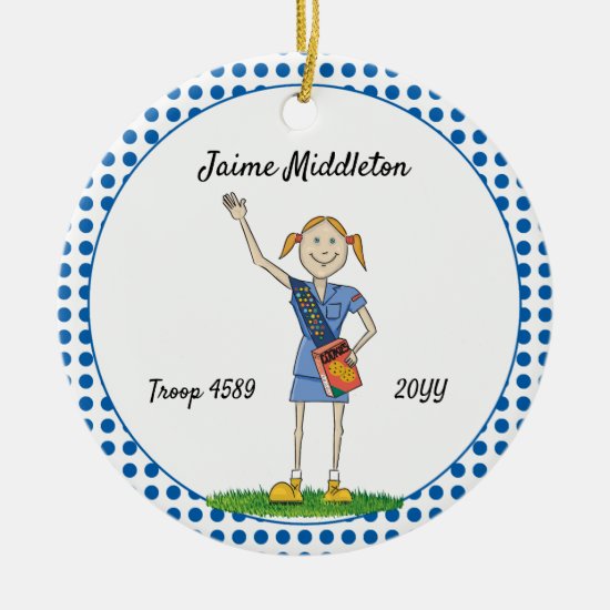 Red Headed Cadette Girl Scouting Blue Polka-Dots Ceramic Ornament