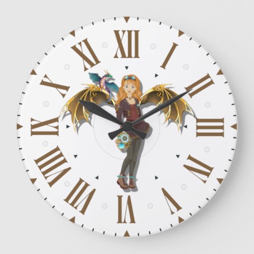 Red_Headed Steampunk Dragon Girl Large Clock