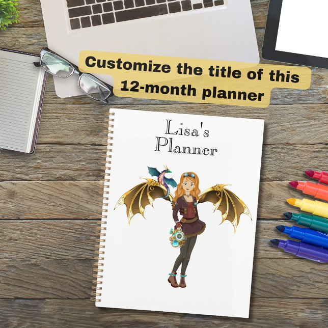 Red-Headed Steampunk Dragon Girl With Brass-Wings Planner (Steampunk Dragon  Girl 12-month planner)