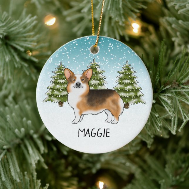 Red Headed Tri Pembroke Corgi Winter Christmas Ceramic Ornament (Tree)