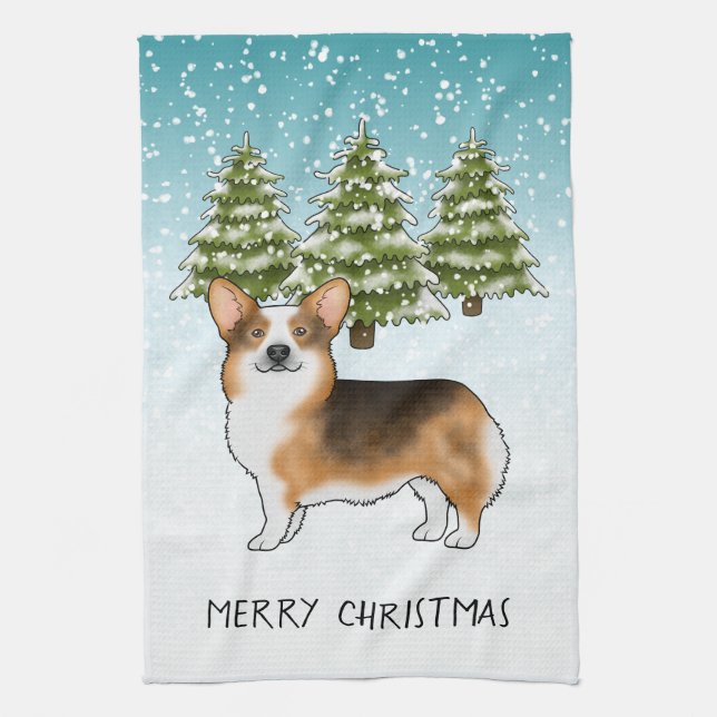 Red Headed Tri Pembroke Corgi Winter Christmas Kitchen Towel (Vertical)