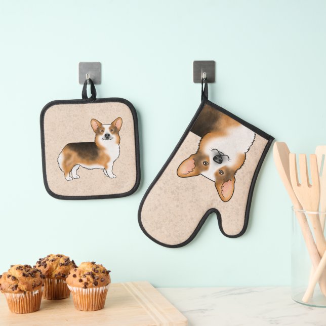 Red Headed Tri Pembroke Welsh Corgi Cartoon Dog Oven Mitt & Pot Holder Set (Insitu(Hanging))