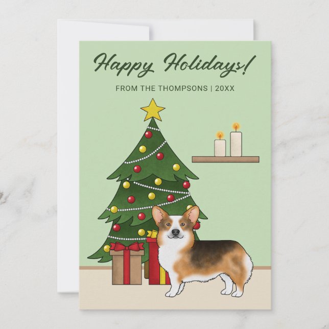 Red Headed Tri Pembroke Welsh Corgi Christmas Tree Holiday Card (Front)