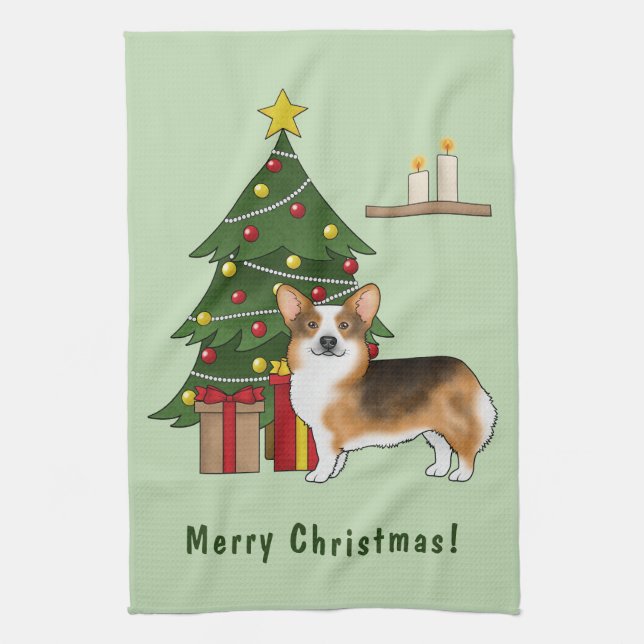Red Headed Tri Pembroke Welsh Corgi Christmas Tree Kitchen Towel (Vertical)