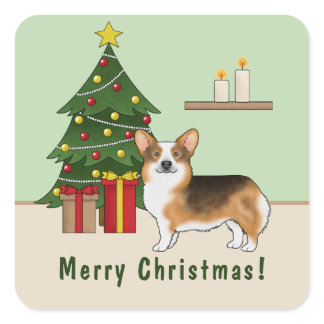 Red Headed Tri Pembroke Welsh Corgi Christmas Tree Square Sticker