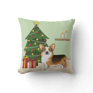 Red Headed Tri Pembroke Welsh Corgi Christmas Tree Throw Pillow