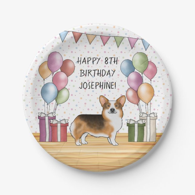 Red Headed Tri Pembroke Welsh Corgi Happy Birthday Paper Plates (Front)