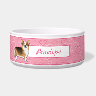 Red Headed Tri Pembroke Welsh Corgi Hearts & Name Bowl