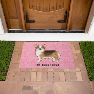 Red Headed Tri Pembroke Welsh Corgi Hearts & Name Doormat