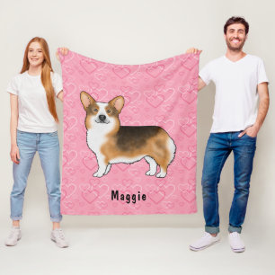 Red Headed Tri Pembroke Welsh Corgi Hearts & Name Fleece Blanket