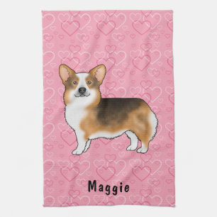 Red Headed Tri Pembroke Welsh Corgi Hearts & Name Kitchen Towel