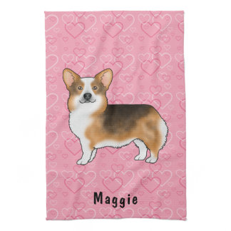 Red Headed Tri Pembroke Welsh Corgi Hearts & Name Kitchen Towel