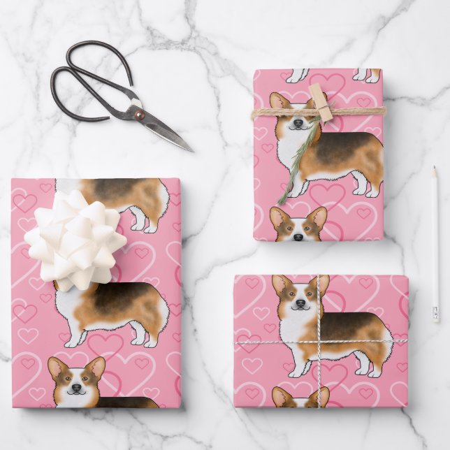Red Headed Tri Pembroke Welsh Corgi Love Pink Wrapping Paper Sheets (Front)