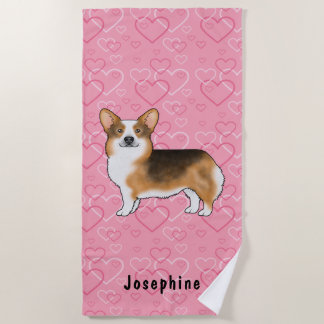 Red Headed Tri Pembroke Welsh Corgi Pink Hearts Beach Towel