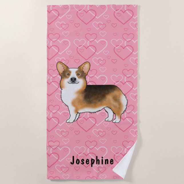 Red Headed Tri Pembroke Welsh Corgi Pink Hearts Beach Towel (Front)