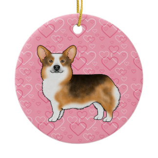 Red Headed Tri Pembroke Welsh Corgi Pink Hearts Ceramic Ornament