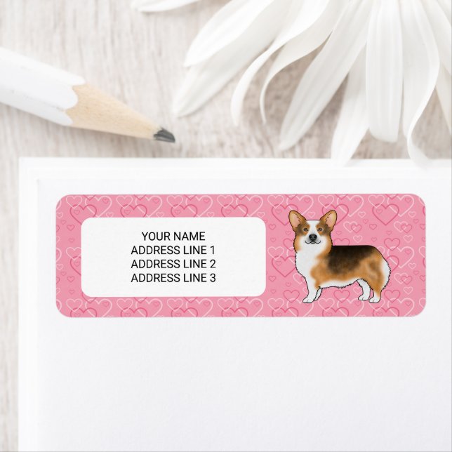 Red Headed Tri Pembroke Welsh Corgi Pink Hearts Label (Insitu)