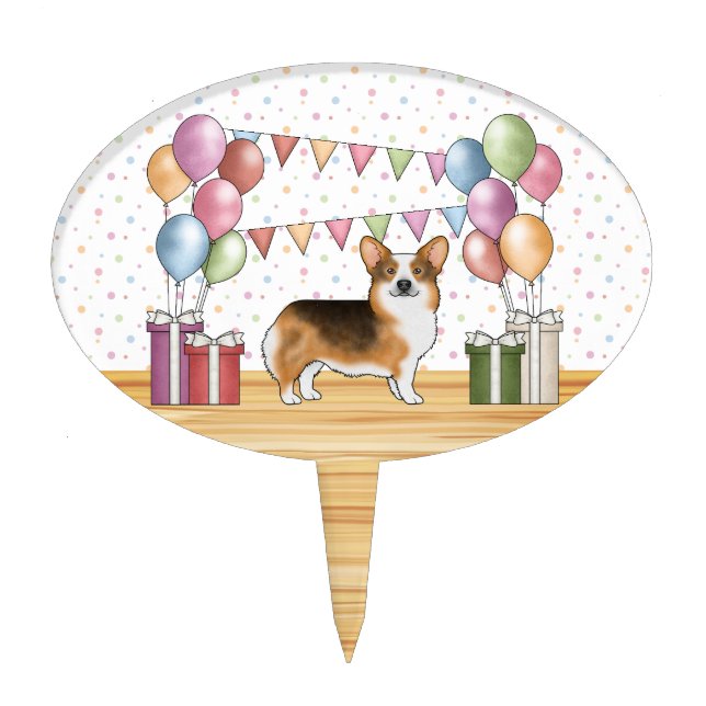Red Headed Tricolor Pembroke Corgi Pastel Birthday Cake Topper (Front)