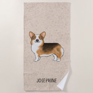 Red Headed Tricolor Pembroke Welsh Corgi And Name Beach Towel
