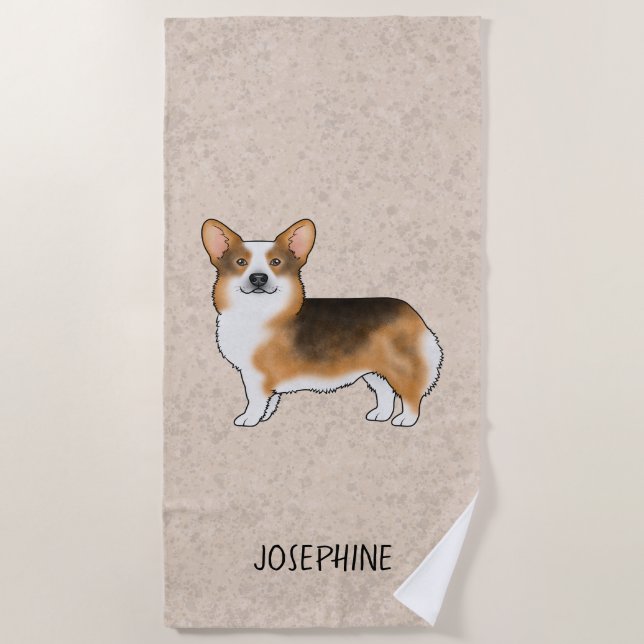 Red Headed Tricolor Pembroke Welsh Corgi And Name Beach Towel (Front)