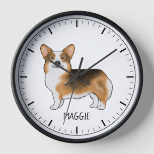 Red Headed Tricolor Pembroke Welsh Corgi And Name Clock