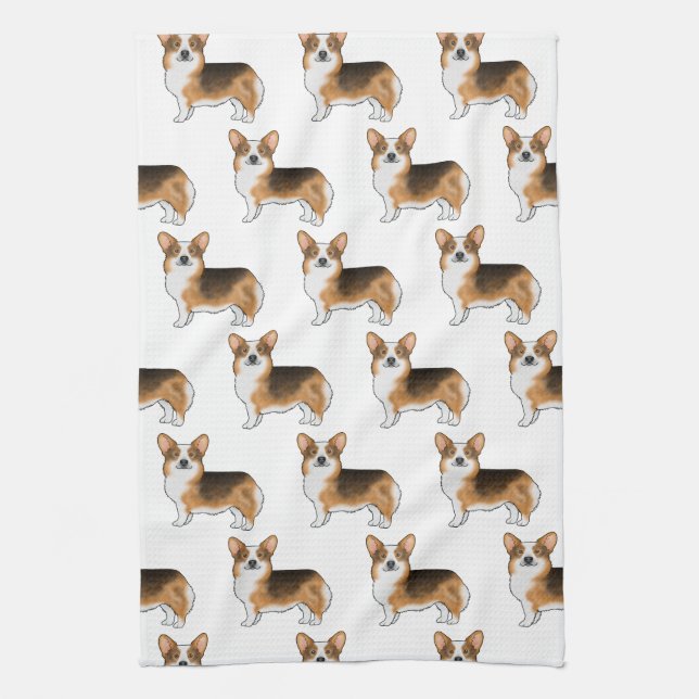 Red Headed Tricolor Pembroke Welsh Corgi Pattern Kitchen Towel (Vertical)