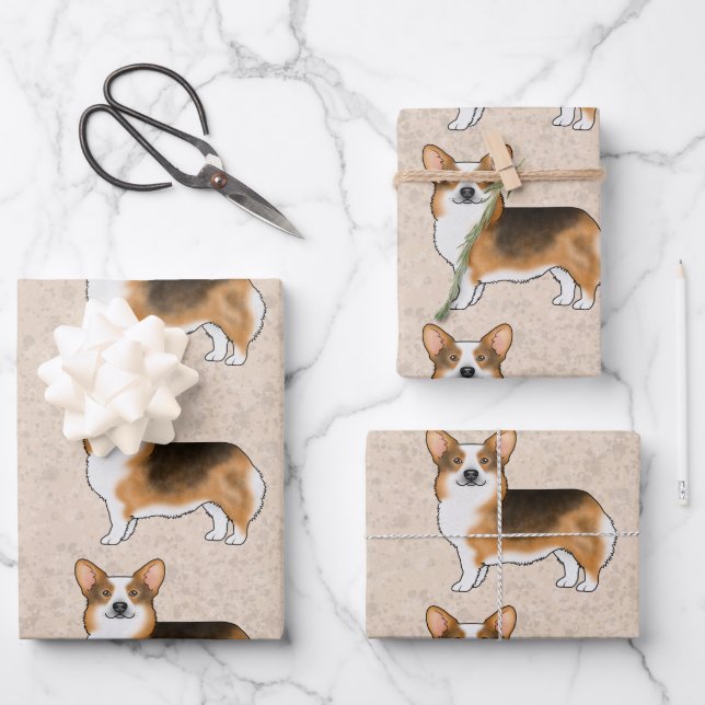 Red Headed Tricolor Pembroke Welsh Corgi Pattern Wrapping Paper Sheets (Front)