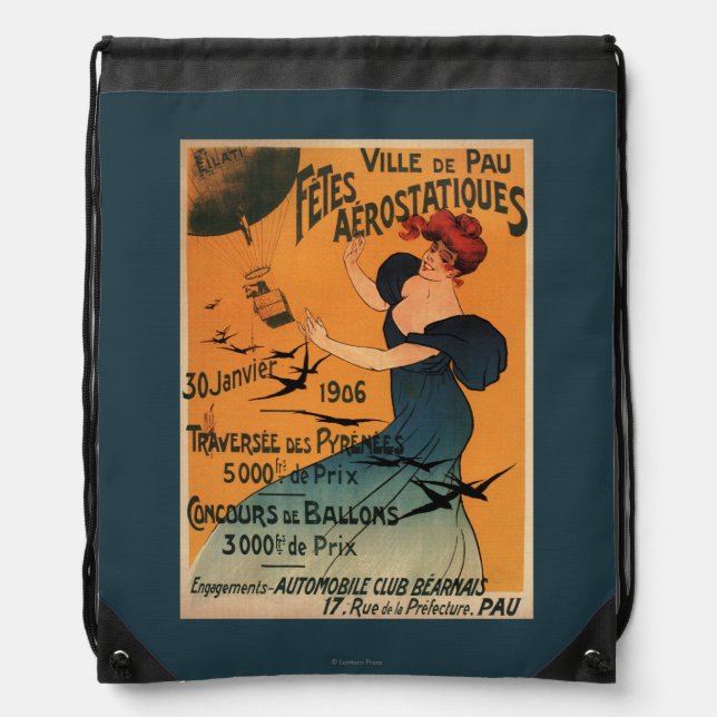 Red-Headed Woman Awaits Balloons Birds Poster Drawstring Bag (Front)