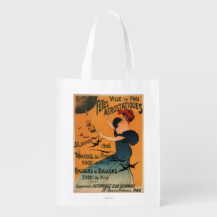 Red-Headed Woman Awaits Balloons Birds Poster Grocery Bag