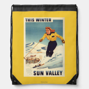Red-headed Woman Smiling and Skiing Poster Drawstring Bag