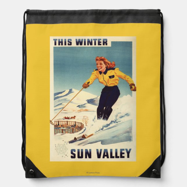 Red-headed Woman Smiling and Skiing Poster Drawstring Bag (Front)