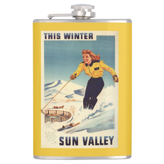 Red-headed Woman Smiling and Skiing Poster Flask (Front)