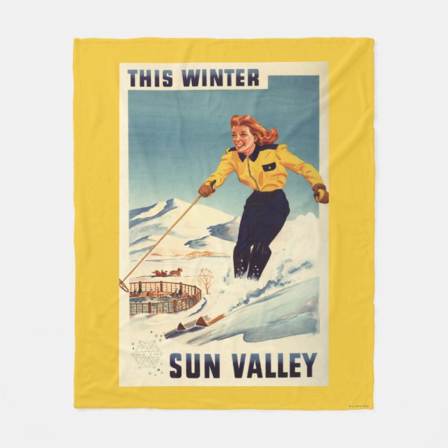 Red-headed Woman Smiling and Skiing Poster Fleece Blanket (Front)