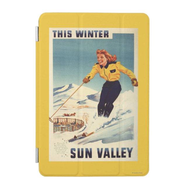 Red-headed Woman Smiling and Skiing Poster iPad Mini Cover (Front)