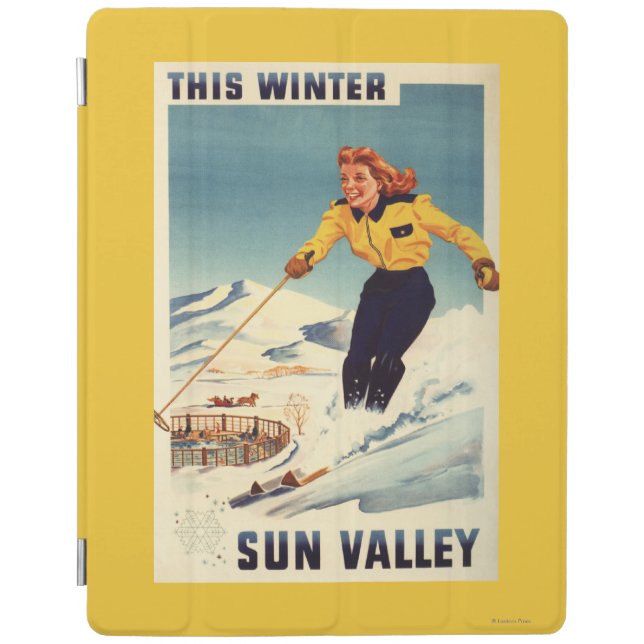 Red-headed Woman Smiling and Skiing Poster iPad Smart Cover (Front)