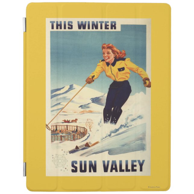 Red-headed Woman Smiling and Skiing Poster iPad Smart Cover (Front)