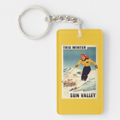 Red_headed Woman Smiling and Skiing Poster Keychain