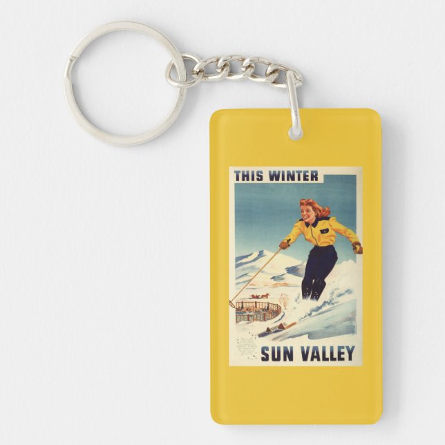 Red-headed Woman Smiling and Skiing Poster Keychain (Front)
