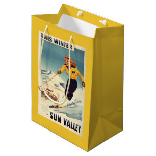 Red-headed Woman Smiling and Skiing Poster Medium Gift Bag