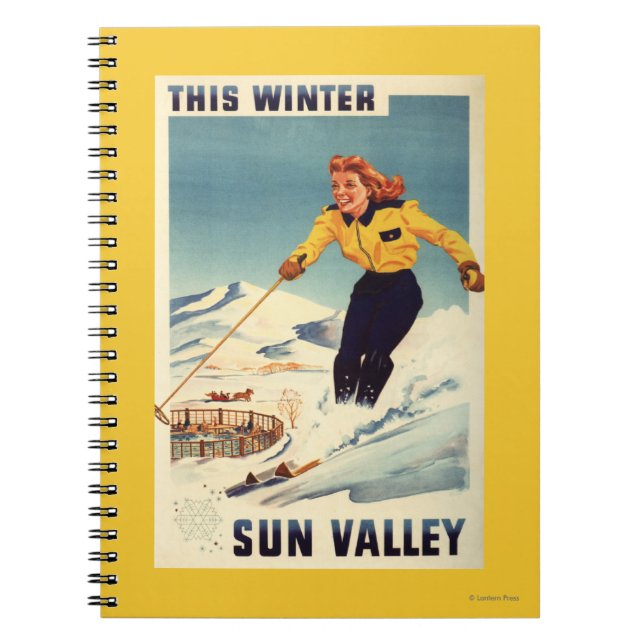 Red-headed Woman Smiling and Skiing Poster Notebook (Front)