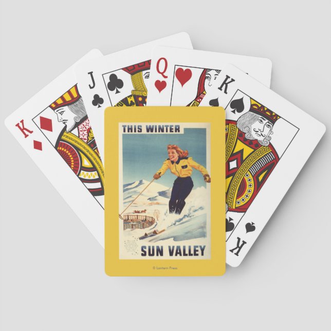 Red-headed Woman Smiling and Skiing Poster Poker Cards (Back)