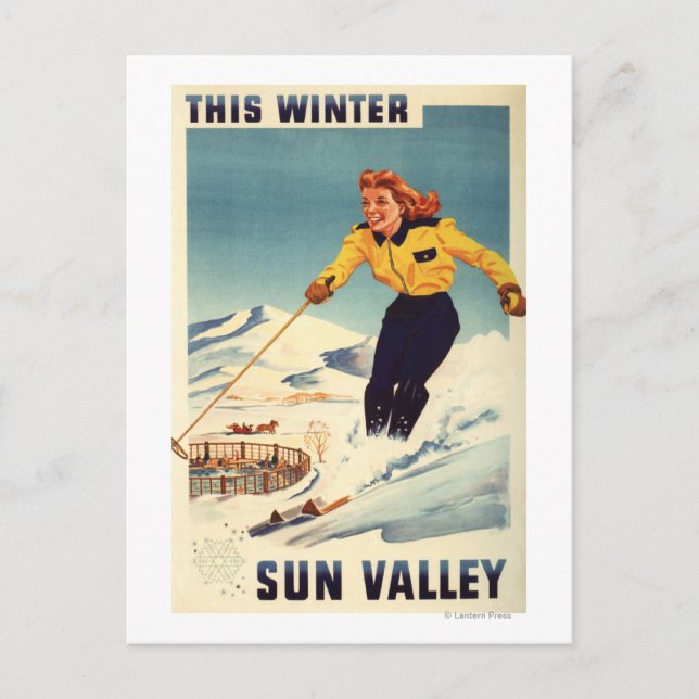 Red-headed Woman Smiling and Skiing Poster Postcard (Front)