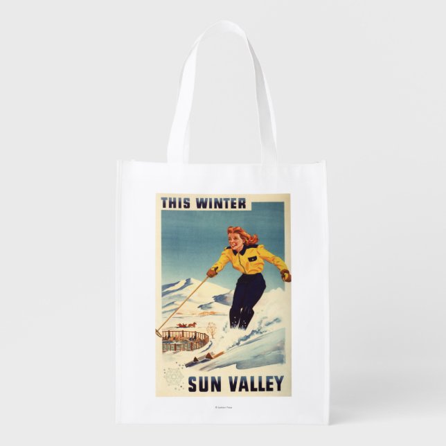 Red-headed Woman Smiling and Skiing Poster Reusable Grocery Bag (Front)